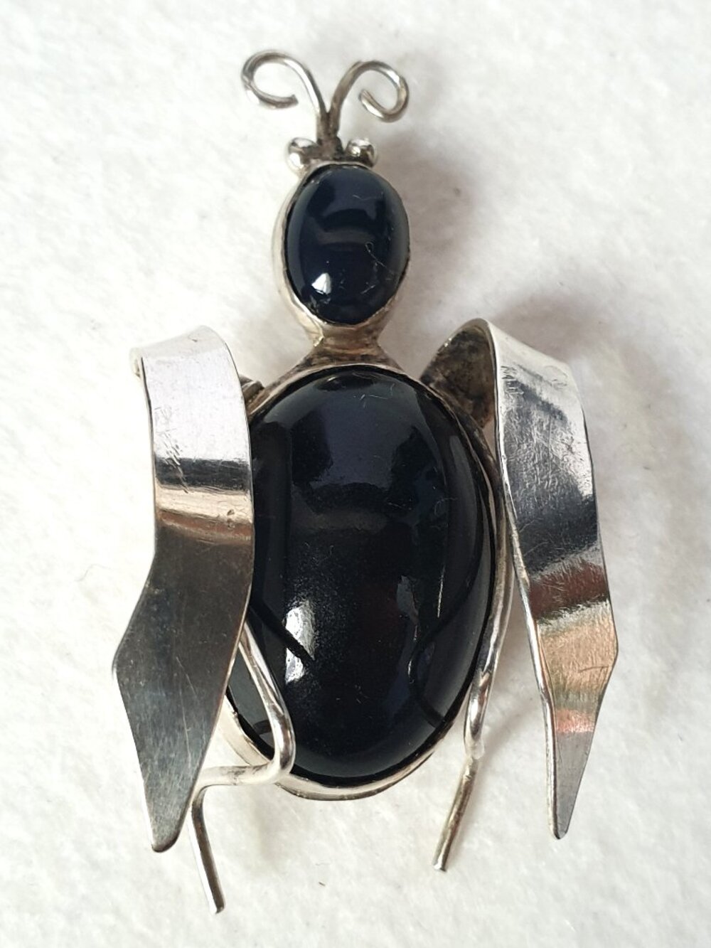 Unique Vintage 1920s Hand Crafted Sterling Silver Black Onyx Giant Beetle Brooch